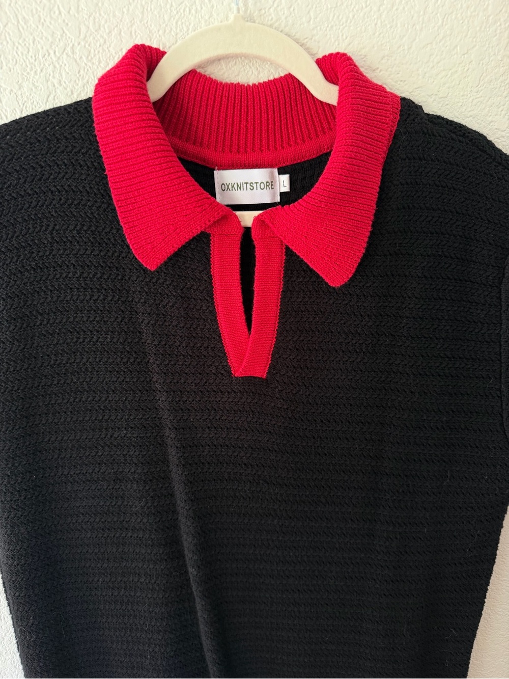 OXKNIT Black & Red Textured Knit Polo Sweater Shirt Large Retro Mod Preppy